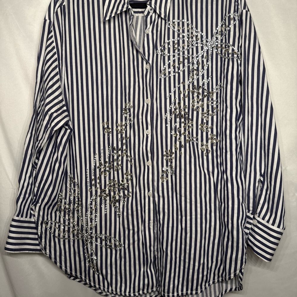 Mauve Blue and White Striped Top